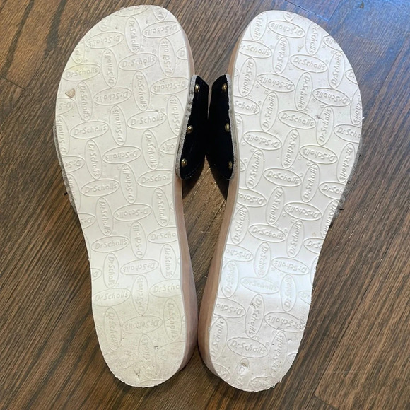 DR SCHOLLS Vintage 1980s black leather wooden The Original Sandal Exercise - Picture 12 of 14